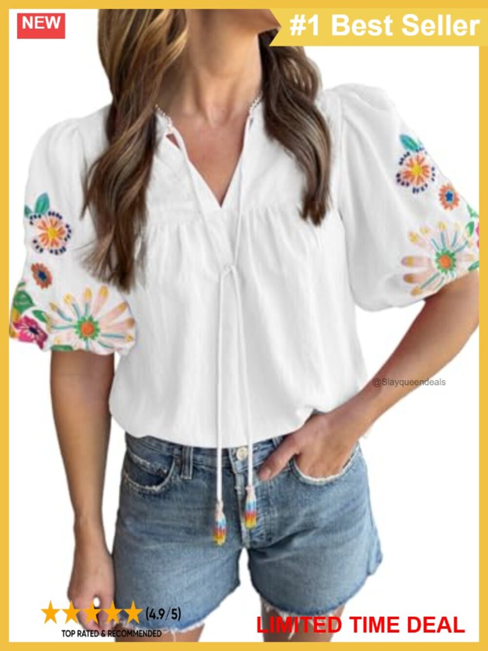 Boho Embroidered V-Neck Puff Sleeve Tunic Blouse